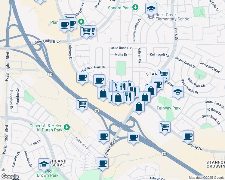 map of restaurants, bars, coffee shops, grocery stores, and more near 7617 Millport Drive in Roseville