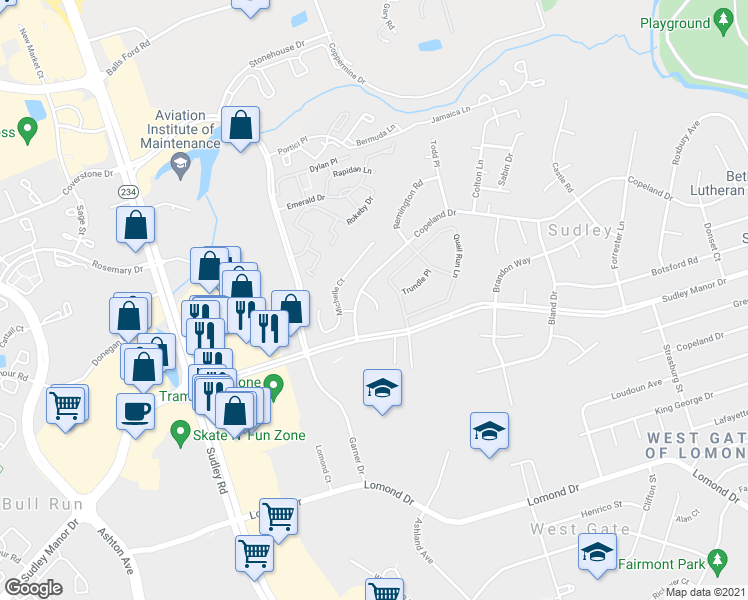 map of restaurants, bars, coffee shops, grocery stores, and more near 7684 Callan Drive in Manassas