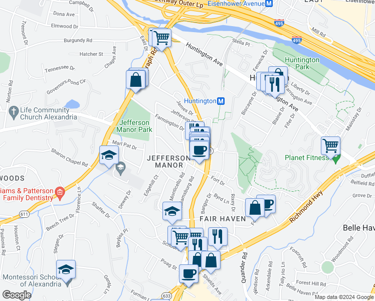 map of restaurants, bars, coffee shops, grocery stores, and more near 5869 Monticello Road in Alexandria