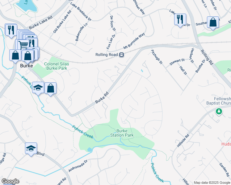 map of restaurants, bars, coffee shops, grocery stores, and more near 5901 Kara Place in Burke