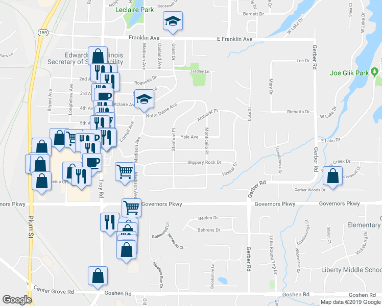 map of restaurants, bars, coffee shops, grocery stores, and more near 738 Harvard Drive in Edwardsville