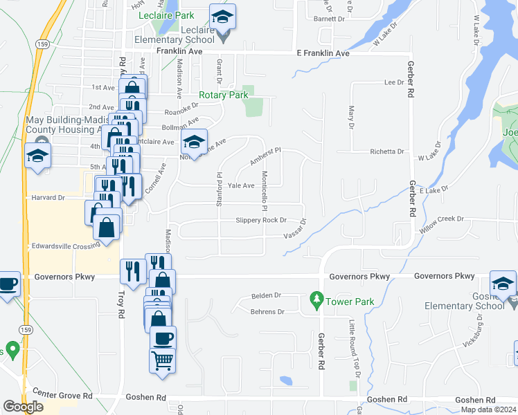 map of restaurants, bars, coffee shops, grocery stores, and more near 760 Harvard Drive in Edwardsville