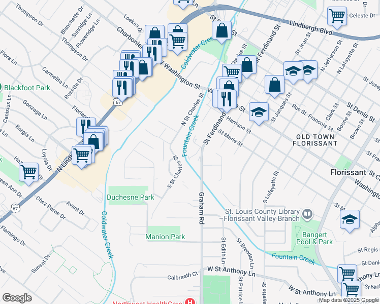 map of restaurants, bars, coffee shops, grocery stores, and more near 19 Quick Drive in Florissant