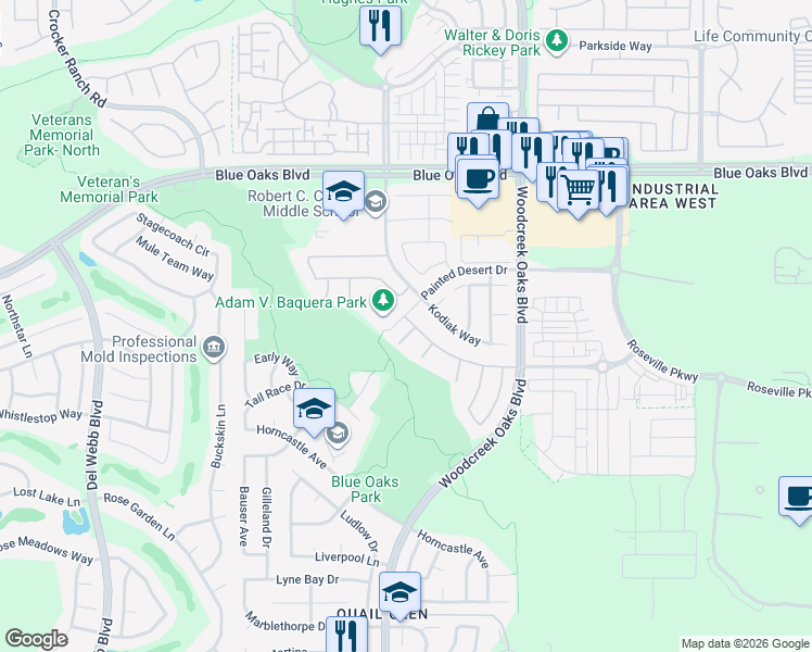 map of restaurants, bars, coffee shops, grocery stores, and more near 325 Harvest Sky Court in Roseville