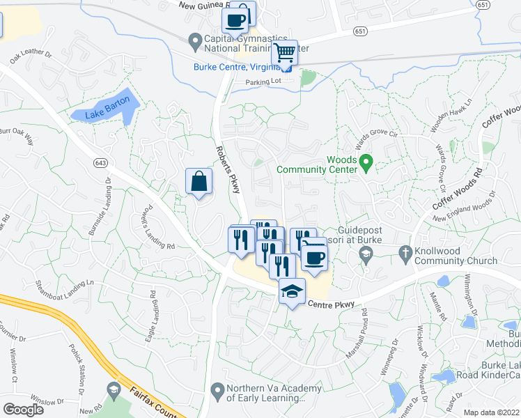 map of restaurants, bars, coffee shops, grocery stores, and more near 10215 Faire Commons Court in Burke