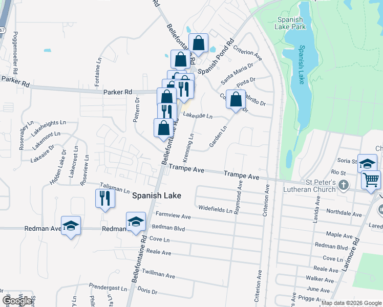 map of restaurants, bars, coffee shops, grocery stores, and more near 1521 Trampe Avenue in St. Louis