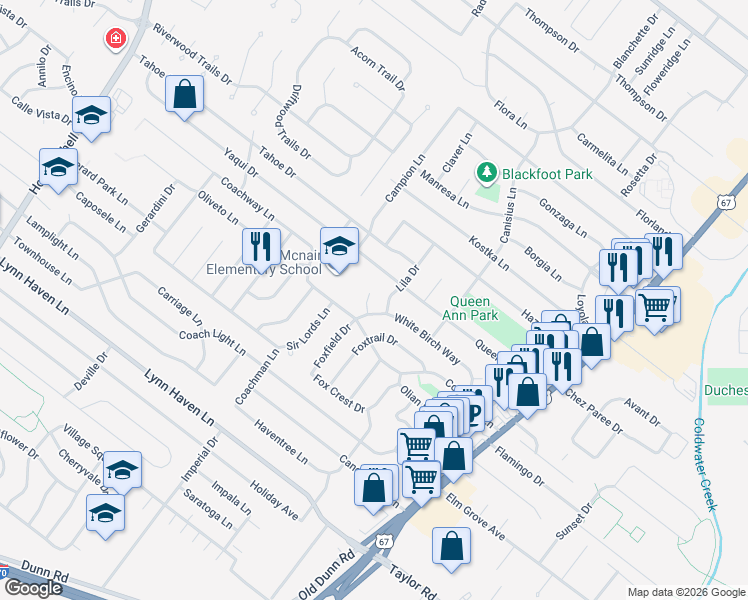 map of restaurants, bars, coffee shops, grocery stores, and more near 542 White Birch Way in Hazelwood