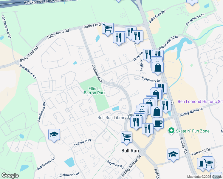 map of restaurants, bars, coffee shops, grocery stores, and more near 10901 Wild Ginger Circle in Manassas