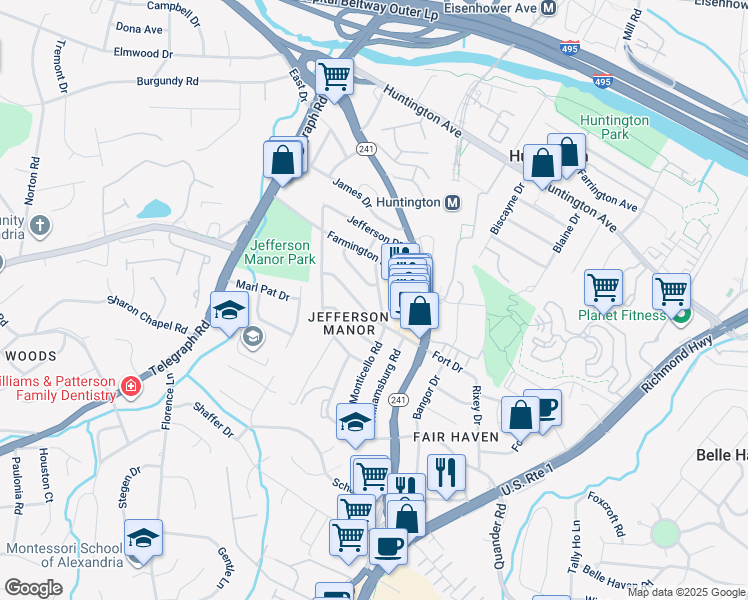 map of restaurants, bars, coffee shops, grocery stores, and more near 5864 Monticello Road in Alexandria
