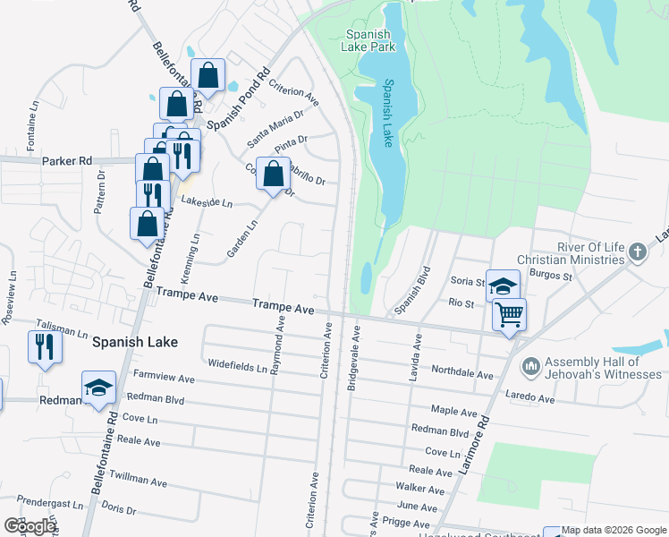 map of restaurants, bars, coffee shops, grocery stores, and more near 12030 Criterion Avenue in St. Louis
