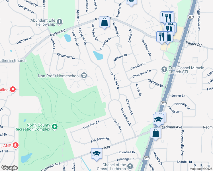 map of restaurants, bars, coffee shops, grocery stores, and more near 11815 El Camara Drive in Florissant