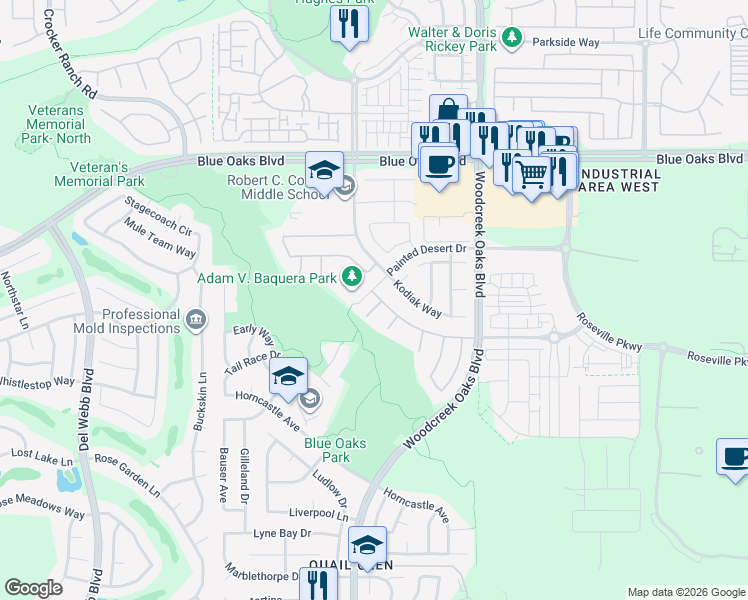 map of restaurants, bars, coffee shops, grocery stores, and more near 325 Harvest Sky Court in Roseville