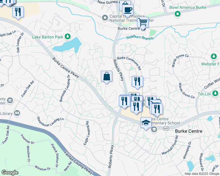 map of restaurants, bars, coffee shops, grocery stores, and more near 6124 Old Landing Way in Burke