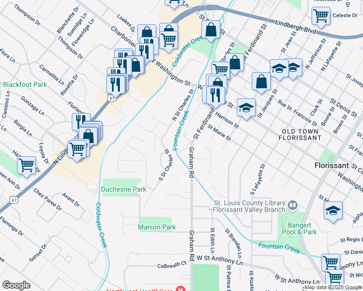 map of restaurants, bars, coffee shops, grocery stores, and more near 23 Quick Drive in Florissant