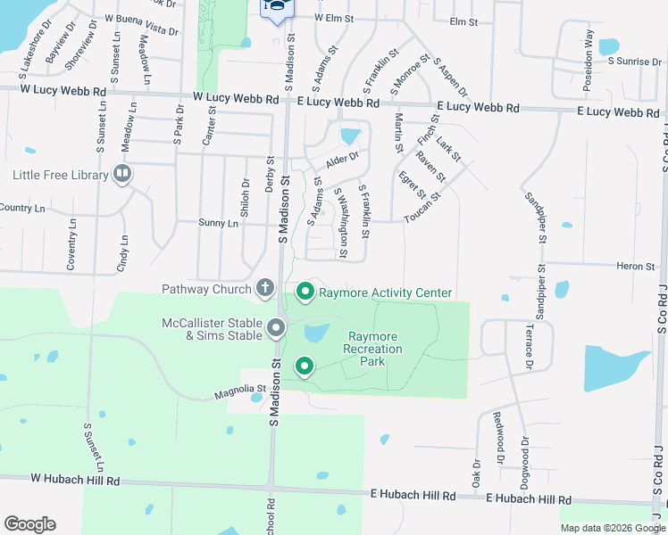 map of restaurants, bars, coffee shops, grocery stores, and more near 909 South Madison Street in Raymore
