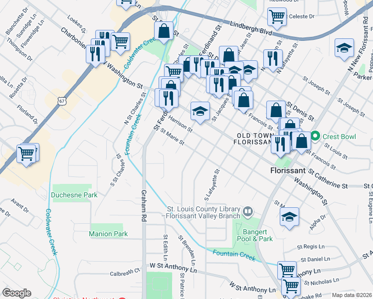 map of restaurants, bars, coffee shops, grocery stores, and more near 105 North Saint Jacques Street in Florissant