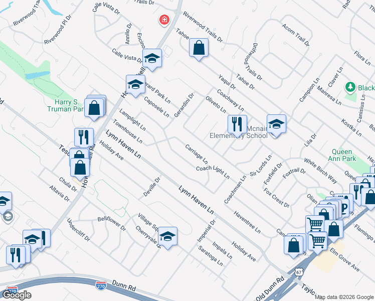 map of restaurants, bars, coffee shops, grocery stores, and more near 721 Coach Light Lane in Hazelwood