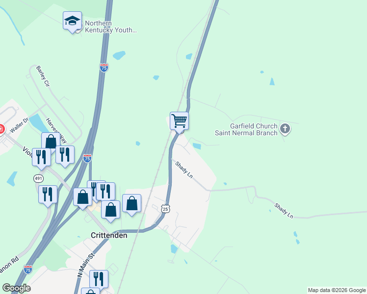 map of restaurants, bars, coffee shops, grocery stores, and more near Kyley in Crittenden