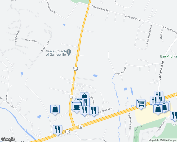 map of restaurants, bars, coffee shops, grocery stores, and more near 7609 James Madison Highway in Gainesville