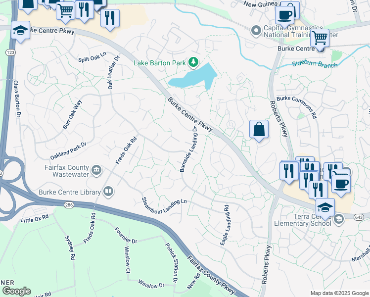 map of restaurants, bars, coffee shops, grocery stores, and more near 5945 Oak Leather Drive in Burke