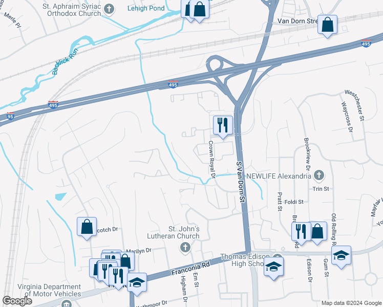 map of restaurants, bars, coffee shops, grocery stores, and more near 5932 Founders Hill Drive in Alexandria