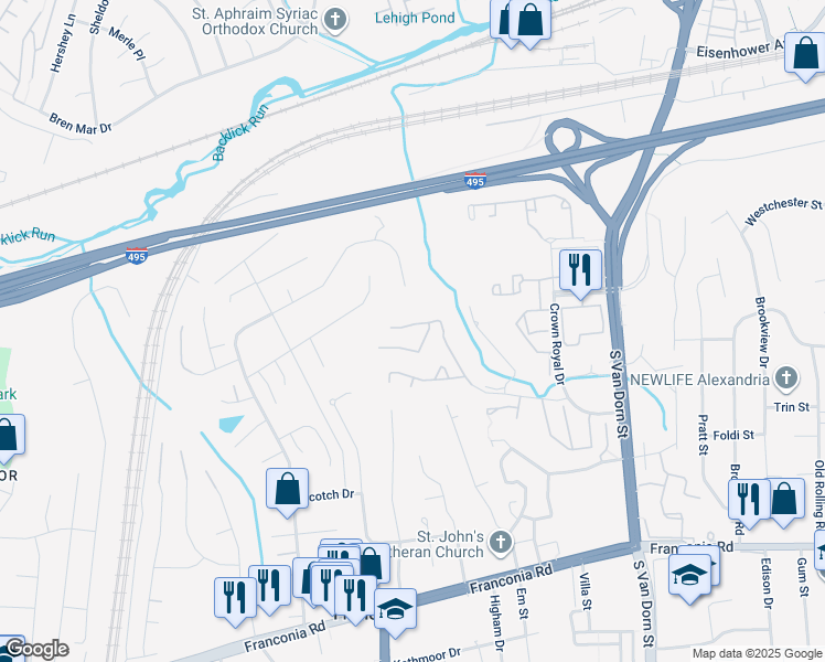 map of restaurants, bars, coffee shops, grocery stores, and more near 6047 Knights Ridge Way in Alexandria