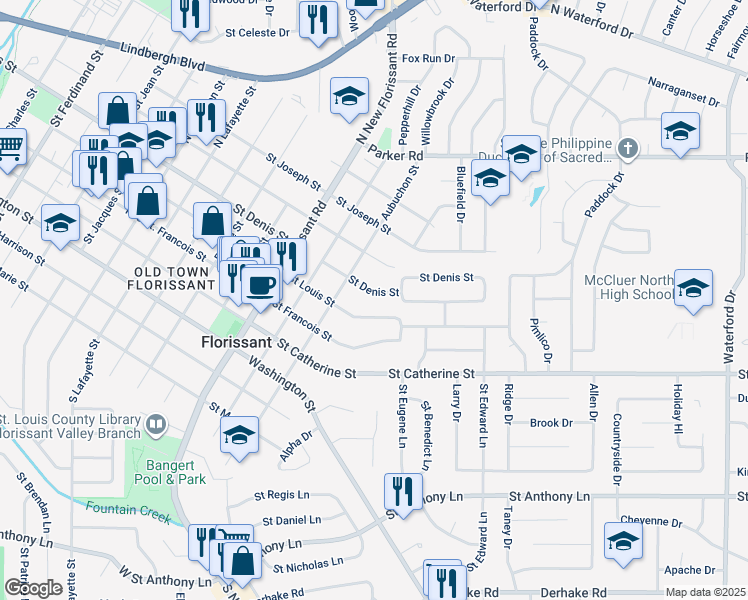 map of restaurants, bars, coffee shops, grocery stores, and more near 1462 Saint Louis Street in Florissant