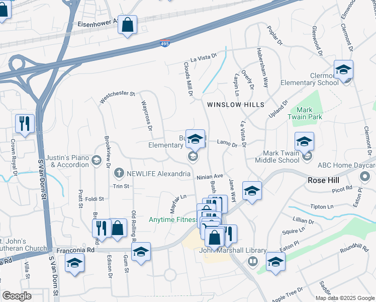 map of restaurants, bars, coffee shops, grocery stores, and more near 5927 Westchester Street in Alexandria