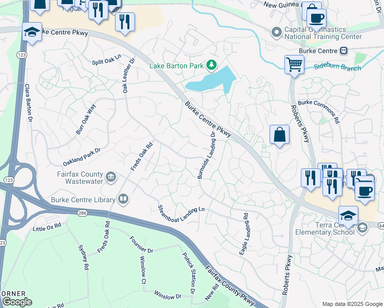 map of restaurants, bars, coffee shops, grocery stores, and more near 5939 Oak Leather Drive in Burke