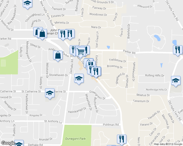map of restaurants, bars, coffee shops, grocery stores, and more near 12743 New Halls Ferry Rd in Florissant