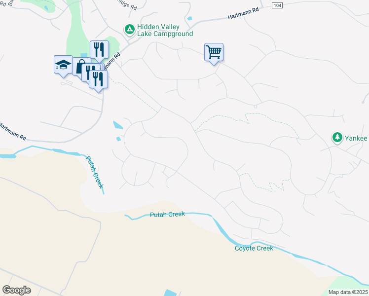map of restaurants, bars, coffee shops, grocery stores, and more near 19575 Old Creek Road in Hidden Valley Lake