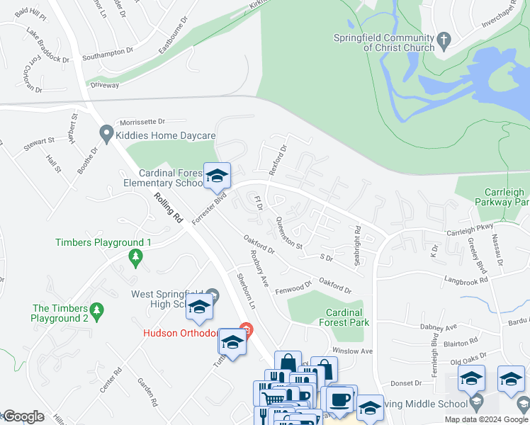 map of restaurants, bars, coffee shops, grocery stores, and more near 8447 Lakinhurst Lane in West Springfield
