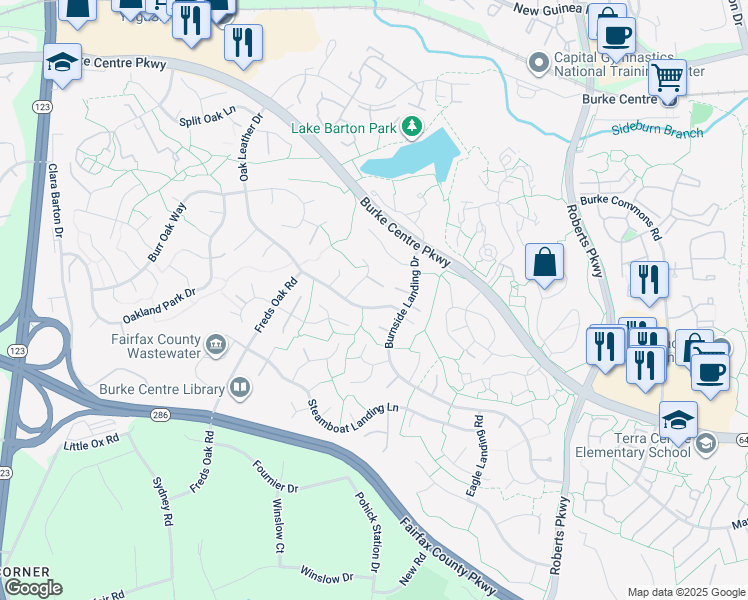 map of restaurants, bars, coffee shops, grocery stores, and more near 5939 Oak Leather Drive in Burke