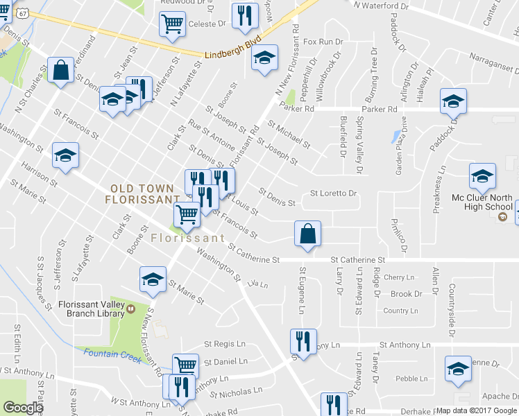 map of restaurants, bars, coffee shops, grocery stores, and more near 700 Aubuchon Street in Florissant