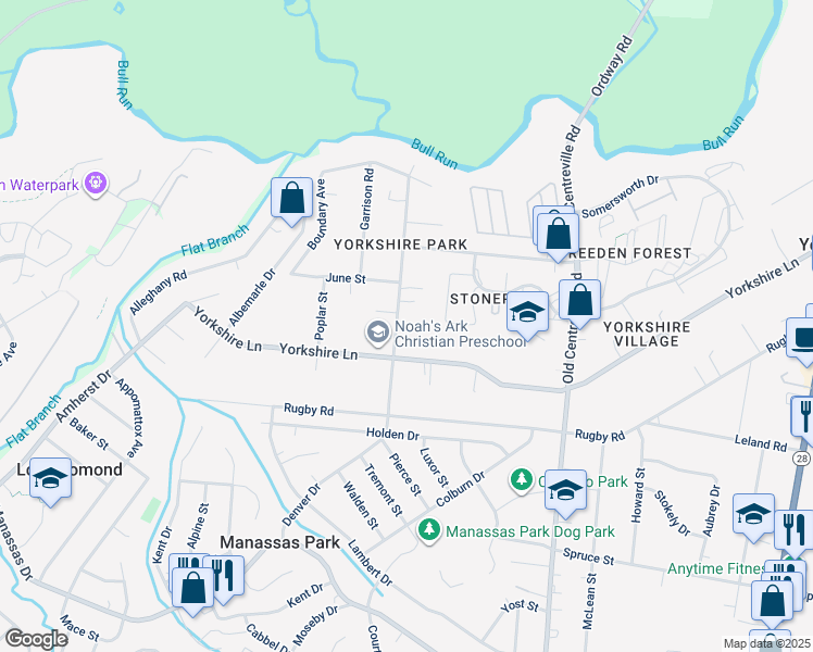 map of restaurants, bars, coffee shops, grocery stores, and more near 7609 Bull Run Road in Manassas