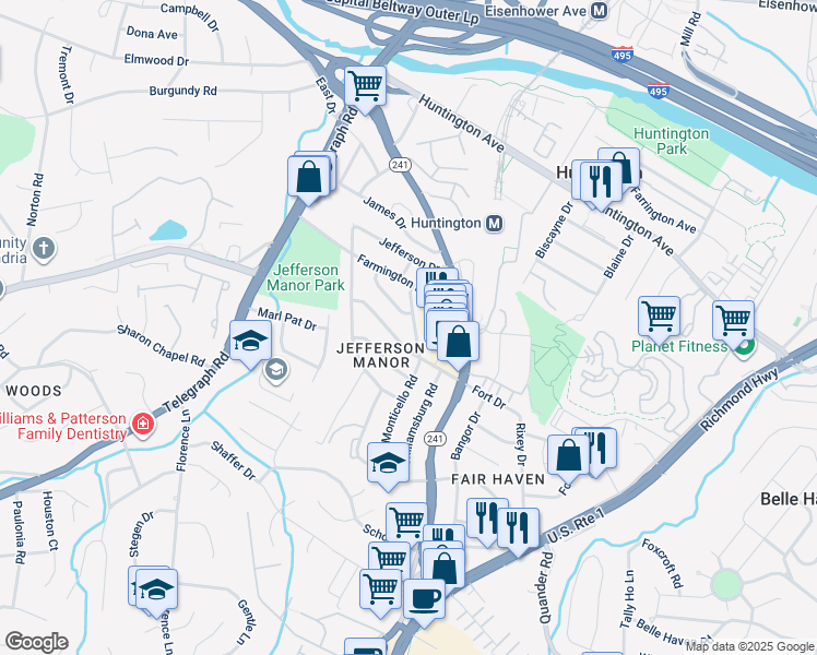 map of restaurants, bars, coffee shops, grocery stores, and more near 5862 Monticello Road in Alexandria