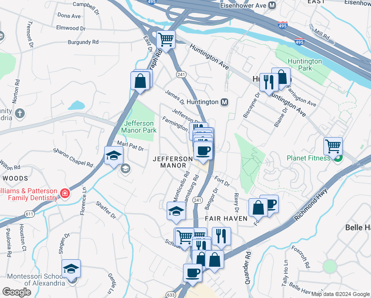 map of restaurants, bars, coffee shops, grocery stores, and more near 5862 Monticello Road in Alexandria