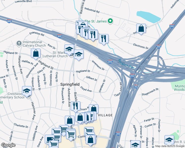 map of restaurants, bars, coffee shops, grocery stores, and more near 6907 Highland Street in Springfield