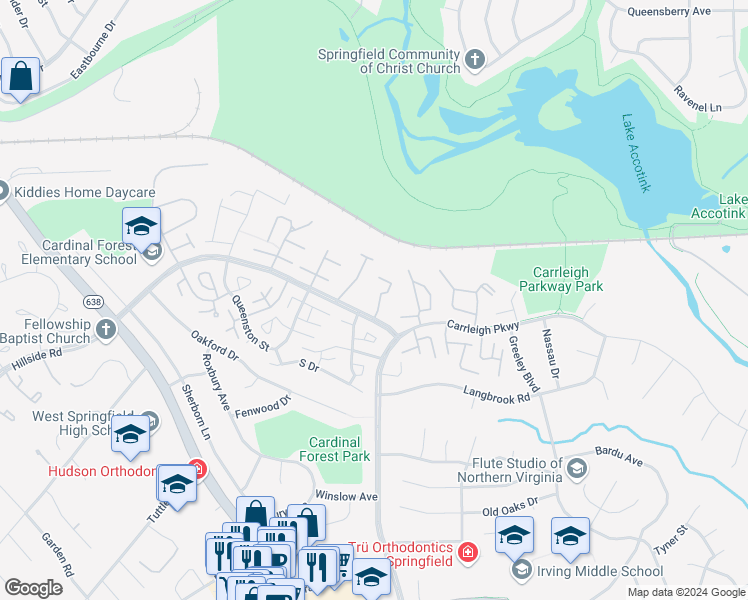 map of restaurants, bars, coffee shops, grocery stores, and more near 5904 Prince George Drive in West Springfield