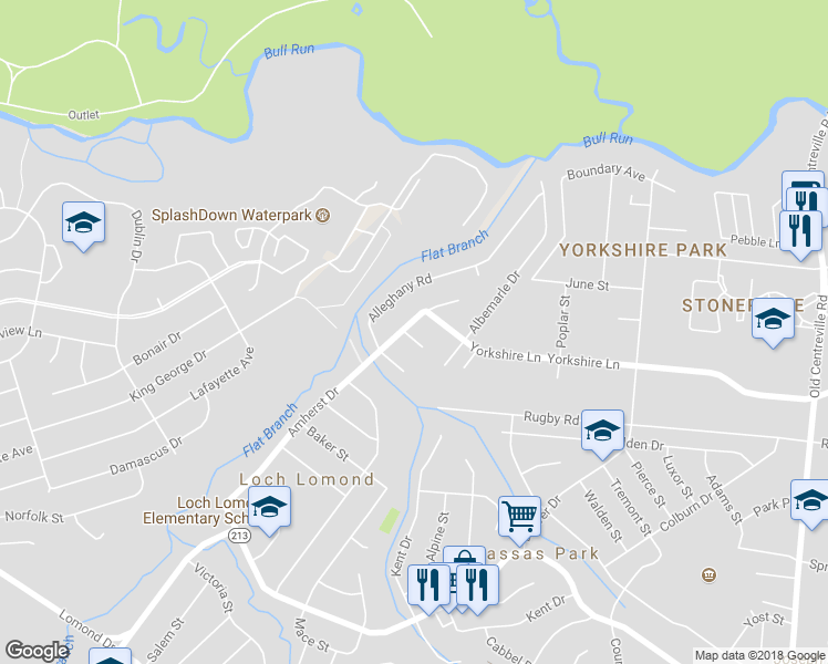 map of restaurants, bars, coffee shops, grocery stores, and more near 9108 Amherst Court in Manassas