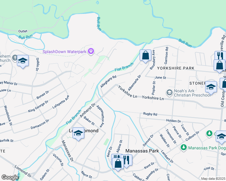 map of restaurants, bars, coffee shops, grocery stores, and more near 9108 Amherst Court in Manassas