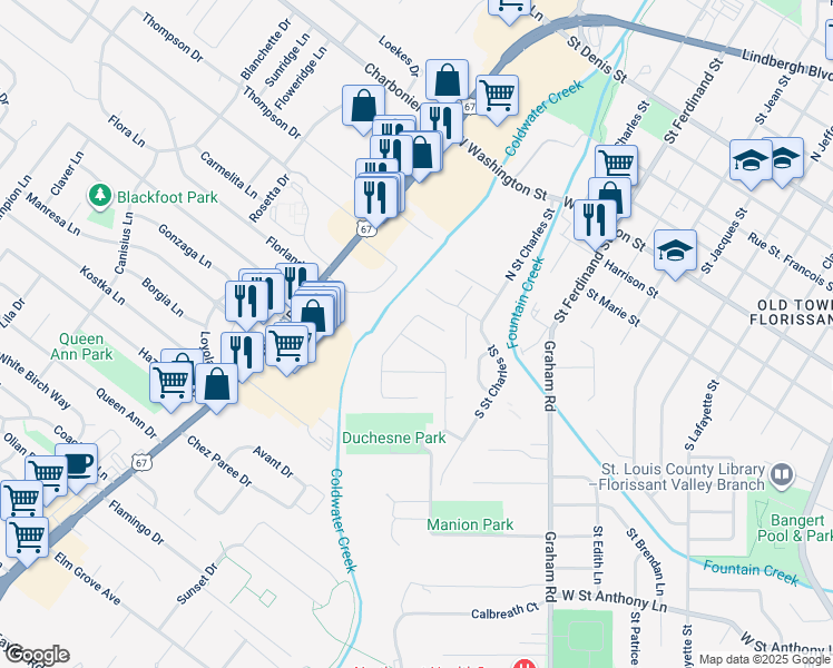 map of restaurants, bars, coffee shops, grocery stores, and more near 233 Brower Lane in Florissant