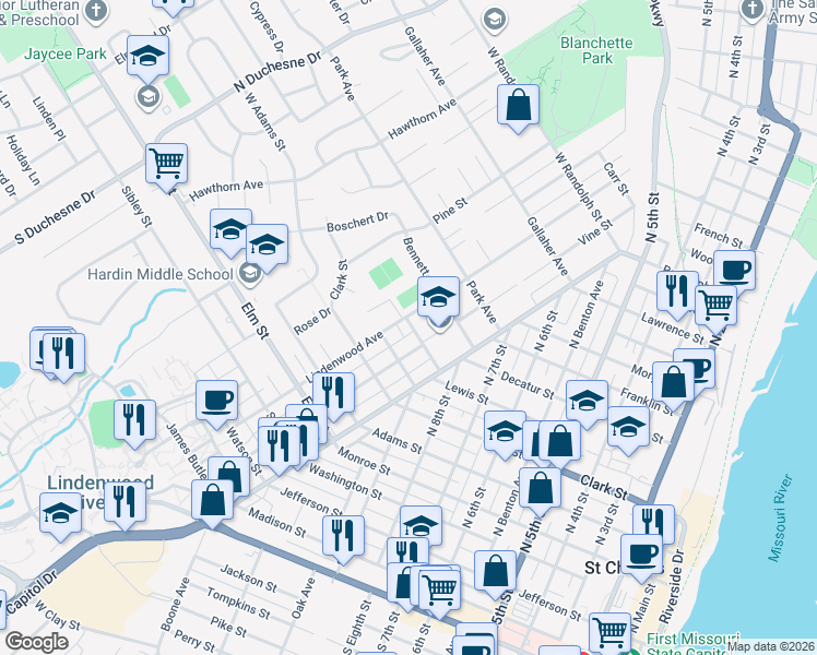 map of restaurants, bars, coffee shops, grocery stores, and more near 1600 Waverly Street in Saint Charles