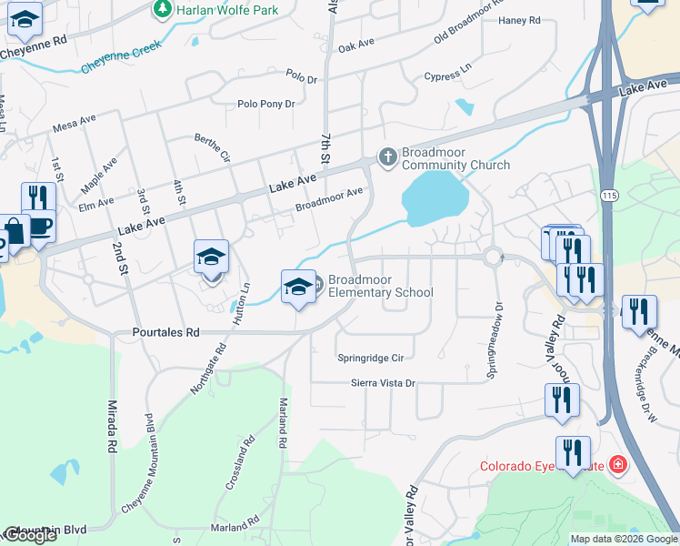 map of restaurants, bars, coffee shops, grocery stores, and more near 316 West Cheyenne Mountain Boulevard in Colorado Springs