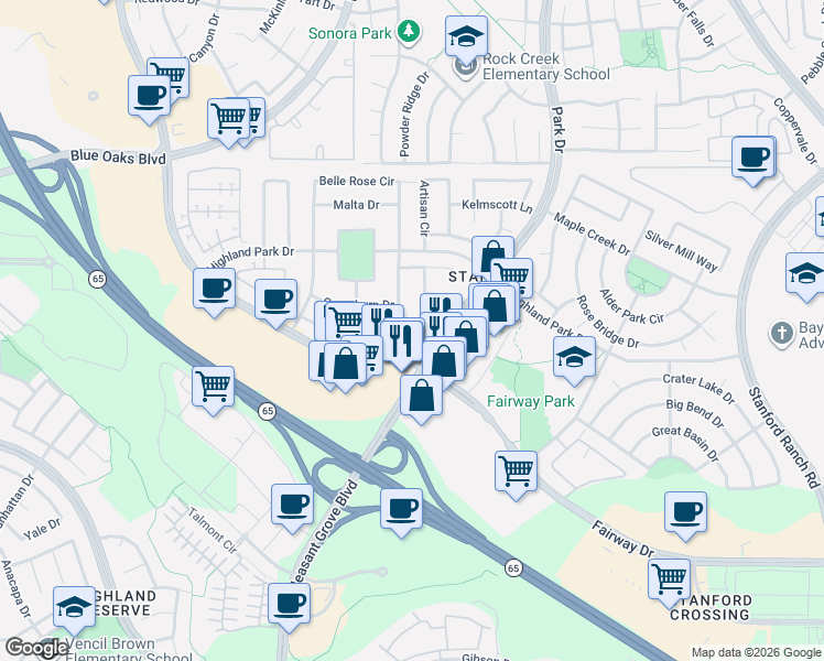 map of restaurants, bars, coffee shops, grocery stores, and more near 7505 Millport Drive in Roseville