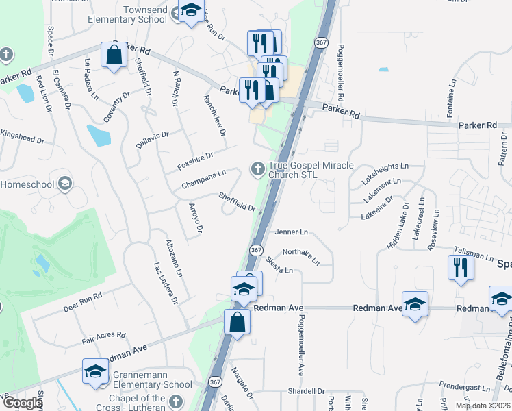 map of restaurants, bars, coffee shops, grocery stores, and more near 2059 Jenner Lane in St. Louis