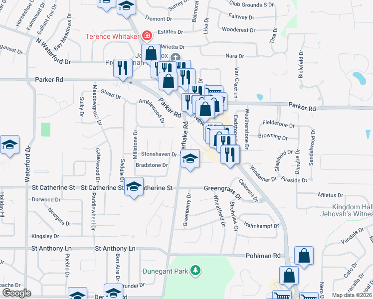 map of restaurants, bars, coffee shops, grocery stores, and more near 3700 Stonehaven Drive in Florissant