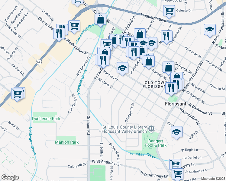 map of restaurants, bars, coffee shops, grocery stores, and more near 105 North Saint Jacques Street in Florissant