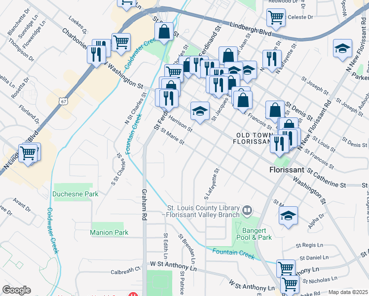 map of restaurants, bars, coffee shops, grocery stores, and more near 105 North Saint Jacques Street in Florissant