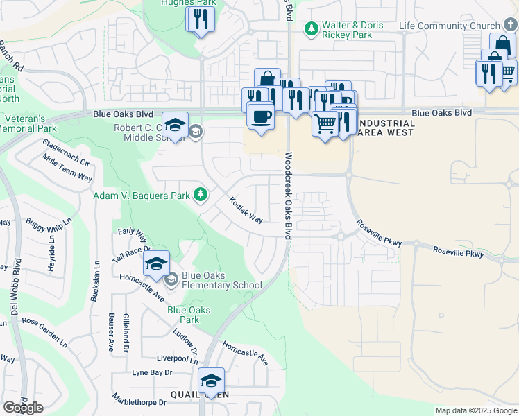 map of restaurants, bars, coffee shops, grocery stores, and more near 8924 Rising Mist Way in Roseville